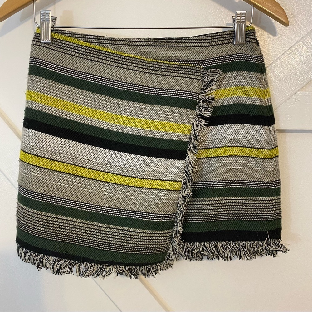 Ella Moss Striped Tweed Fringe Asymmetric Faux Wrap Mini Skirt Multicolor Sz XS